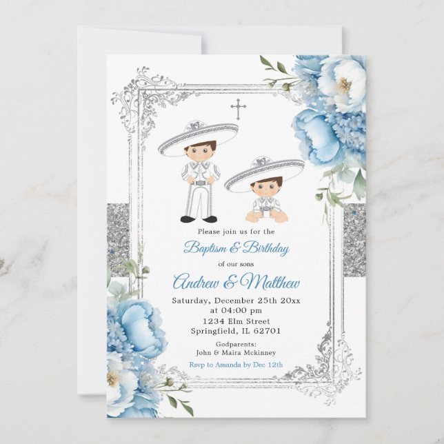 Invitación Dusty Blue Mexico Siblings Boys Baptism Birthday (Anverso)