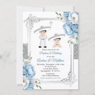 Invitación Dusty Blue Mexico Siblings Boys Baptism Birthday
