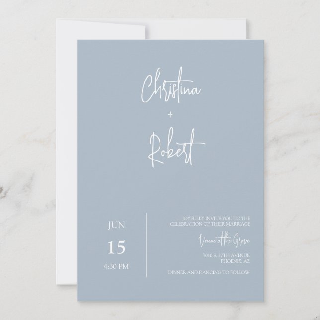 Invitación Dusty Blue Minimal Boho Boda Foto Código QR RSVP (Anverso)