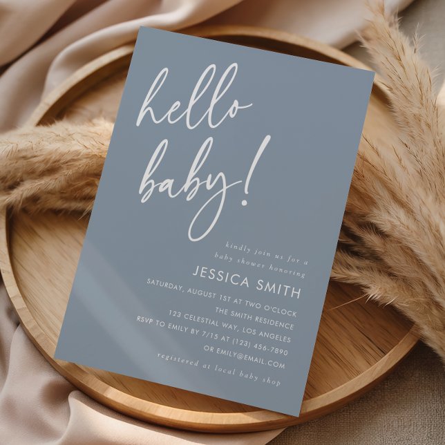 Invitación Dusty Blue Minimal Hola Baby Shower (Subido por el creador)