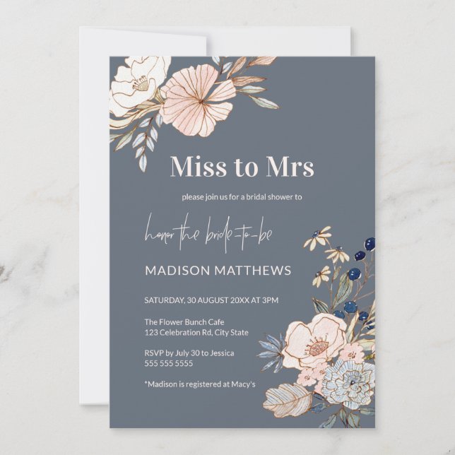 Invitación Dusty Blue Miss a la Sra. Pink Floral Bridal Showe (Anverso)