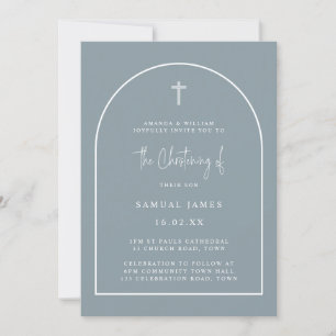 Invitación Dusty Blue Modern Arch Script Christening Minimali