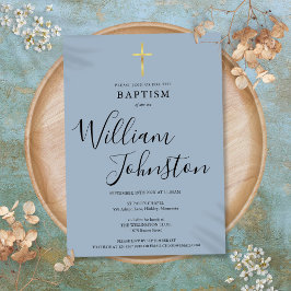 Invitación Dusty Blue Modern Baptism Christening Gold Cross