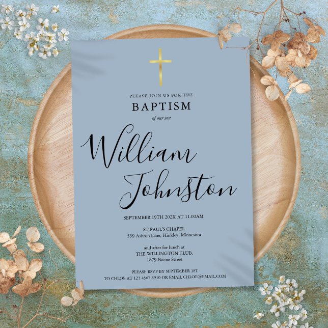 Invitación Dusty Blue Modern Baptism Christening Gold Cross (Subido por el creador)