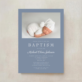 Invitación Dusty Blue Modern Boy Photo Baptism