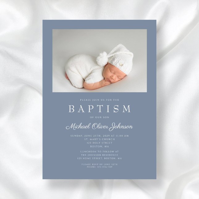 Invitación Dusty Blue Modern Boy Photo Baptism (Dusty Blue Modern Boy Photo Baptism Invitation)