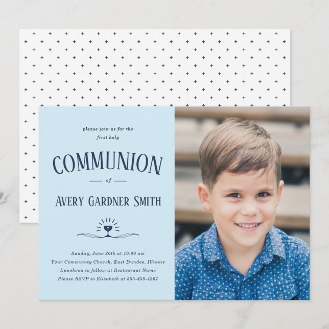 Invitación Dusty Blue Modern First Holy Communia Boy Foto  (Anverso / Reverso)