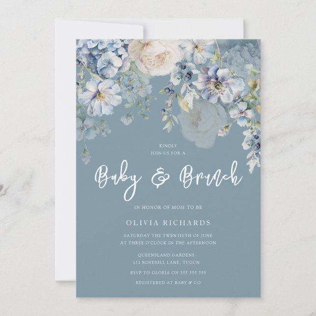 Invitación Dusty Blue Modern Floral Baby Shower Brunch (Anverso)