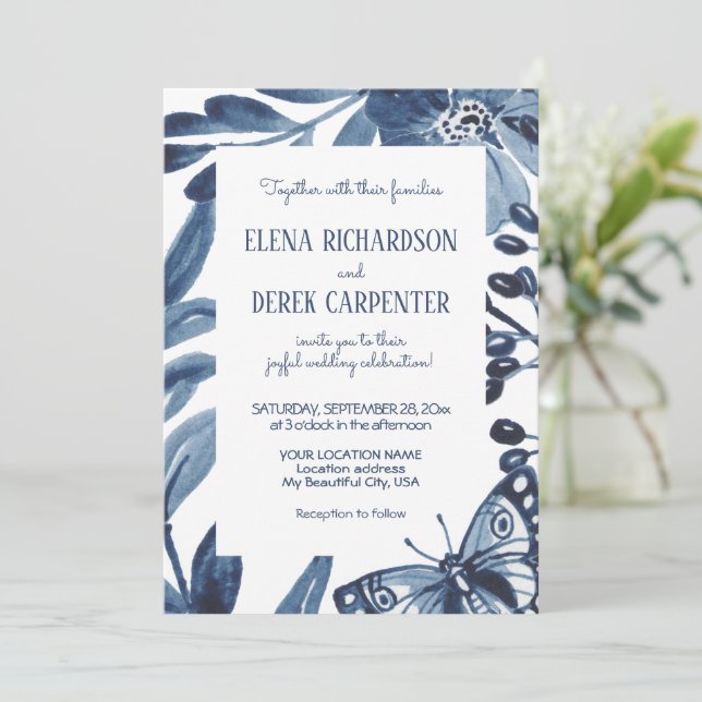 Invitación Dusty Blue Modern Floral Leaf Watercolor Boda (Anverso de pie)