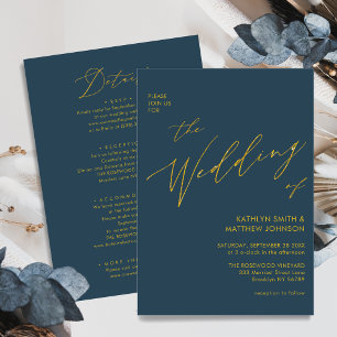 Invitación Dusty Blue Modern Gold Script Todo En Un Boda