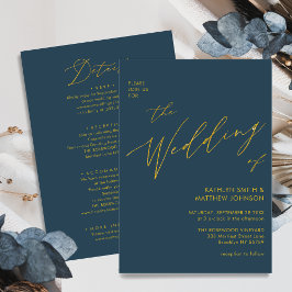 Invitación Dusty Blue Modern Gold Script Todo En Un Boda