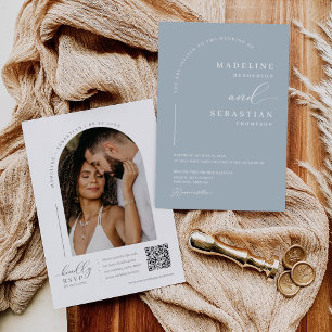 Invitación Dusty Blue Modern Minimal Arch Photo QR Code Invit