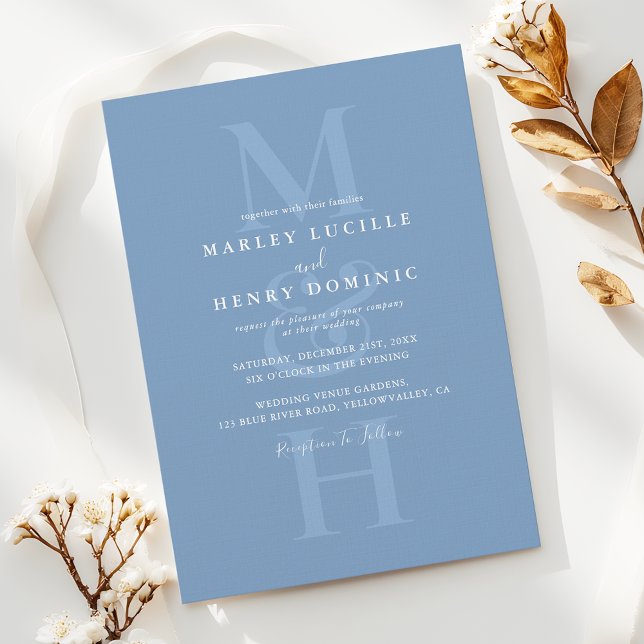 Invitación Dusty Blue Modern Monogram Overlay Wedding (Subido por el creador)