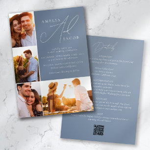 Invitación Dusty Blue Modern Photo QR Code todo en un Boda