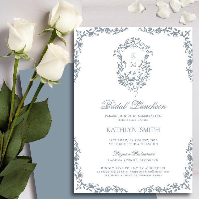 Invitación Dusty Blue Monogram Escudo de la cosecha Noche Lun (Subido por el creador)