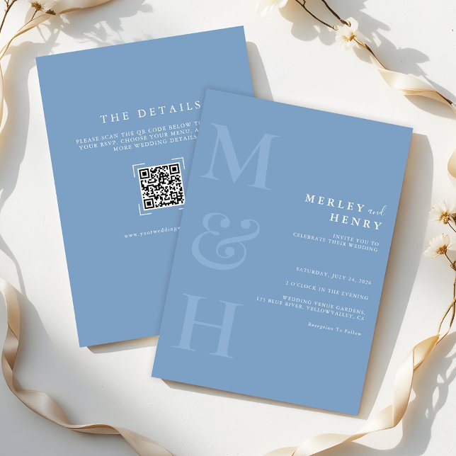 Invitación Dusty Blue Monogram QR Code All In One Wedding (Subido por el creador)