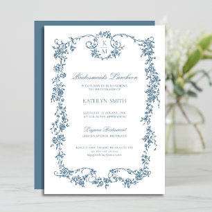 Invitación Dusty Blue Monogram Vintage Bridesmaids Luncheon