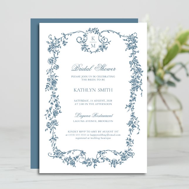 Invitación Dusty Blue Monogram Vintage Elegante Ducha Nupcial (Subido por el creador)
