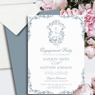 Invitación Dusty Blue Monogram Vintage Escudo Engagement Part