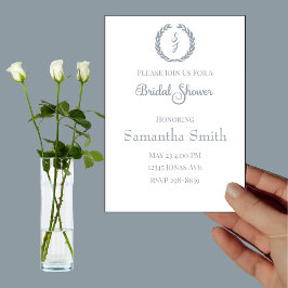 Invitación Dusty Blue Monogram Wreath White Bridal Shower