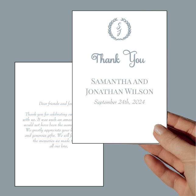Invitación Dusty Blue Monogram Wreath White Thank You Card (Subido por el creador)