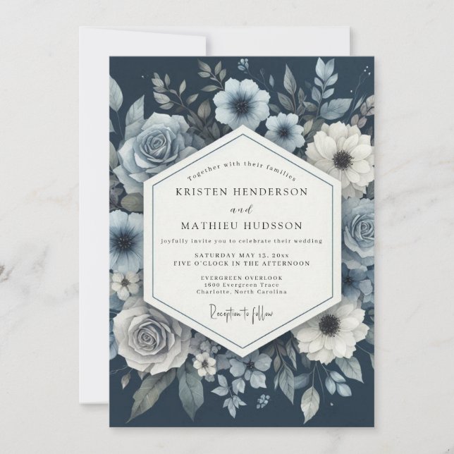 Invitación Dusty Blue Moody Bloom Wedding (Anverso)