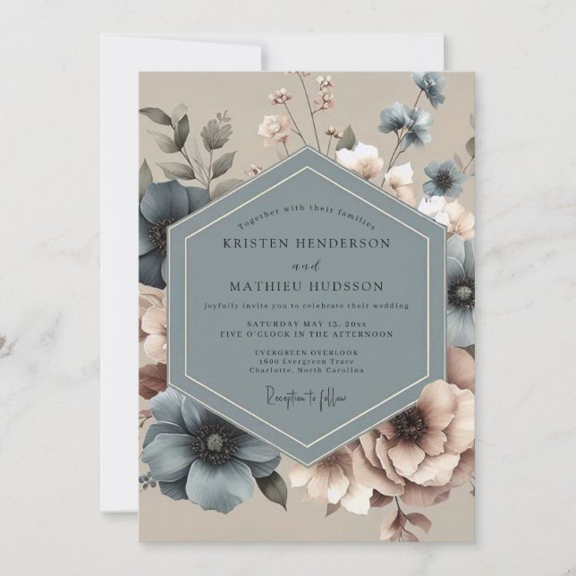 Invitación Dusty Blue Moody Floral Wedding (Anverso)