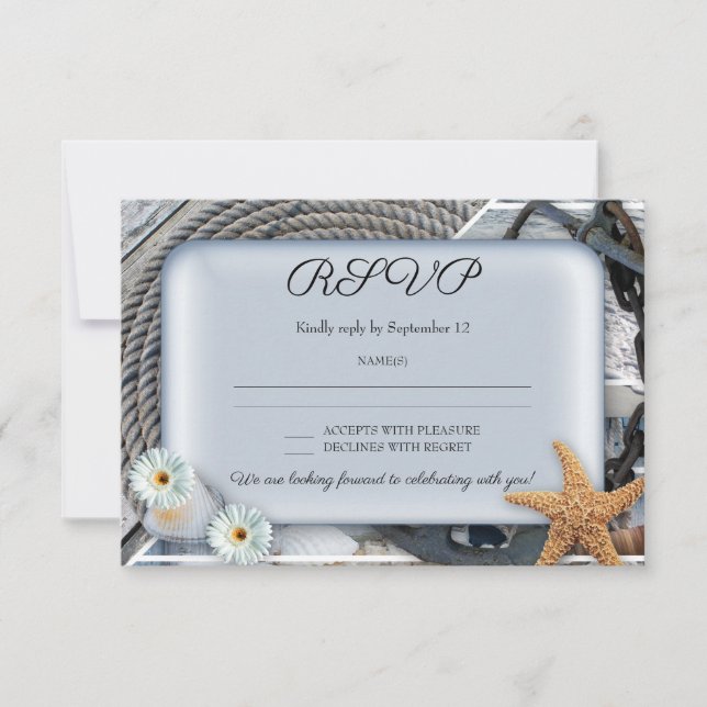 Invitación Dusty Blue Nautical Wedding RSVP Card (Anverso)