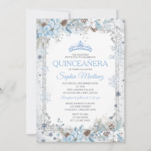 Invitación Dusty Blue Navidad Floral Copo de Nieve Quinceañer