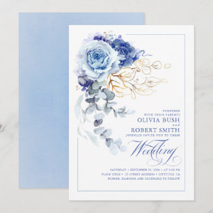 Invitación Dusty Blue & Navy Blue Boho Gold Boda Floral