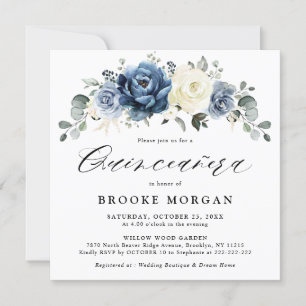 Invitación Dusty Blue Navy Champagne Ivory boho Quinceañera