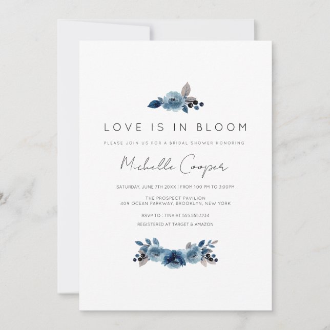 Invitación Dusty Blue Navy Floral Bridal Shower (Anverso)