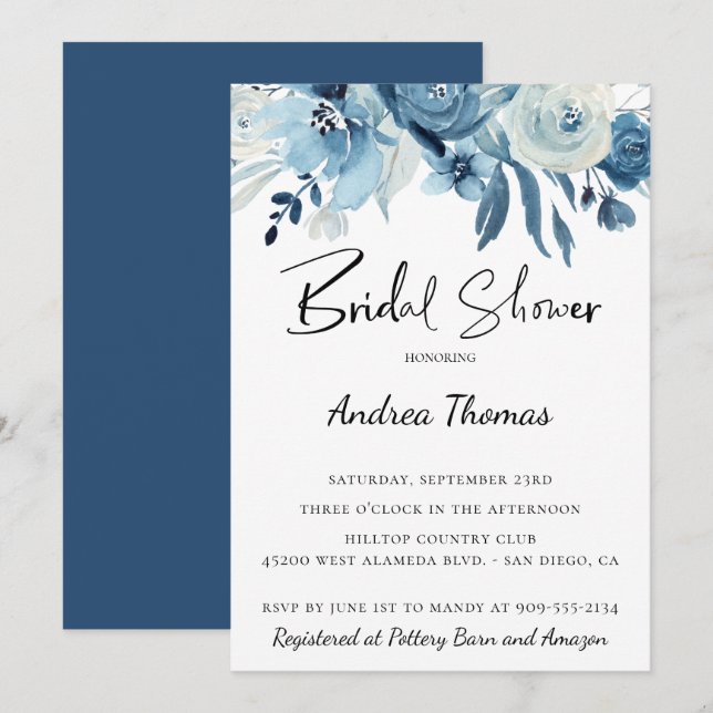 Invitación Dusty Blue Navy Floral Bridal Shower (Anverso / Reverso)