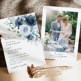 Invitación Dusty Blue Navy Floral Elegant Photo Back Wedding