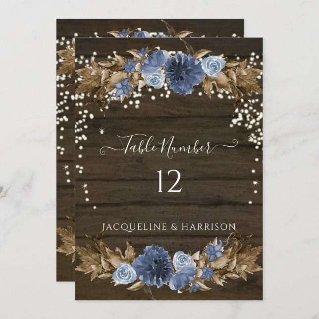 Invitación Dusty Blue Navy Floral Rustic Lights Número de tab (Anverso / Reverso)