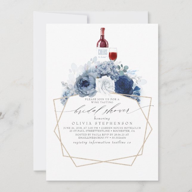 Invitación Dusty Blue Navy Flores Vino Dasando Ducha Bridal (Anverso)