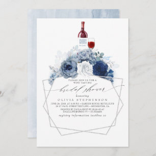 Invitación Dusty Blue Navy Flores Vino Dasando Ducha Bridal