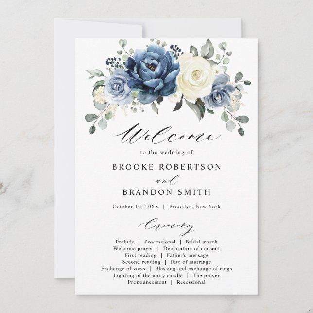 Invitación Dusty Blue Navy Ivory Floral Wedding Program Card (Anverso)