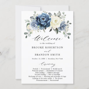 Invitación Dusty Blue Navy Ivory Floral Wedding Program Card