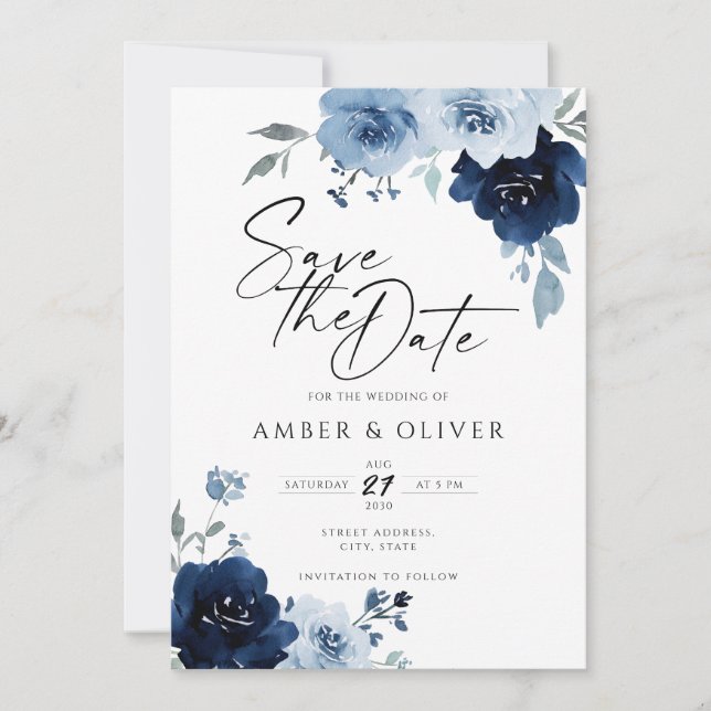 Invitación Dusty Blue Navy Light Floral Elegante Salven La Fe (Anverso)