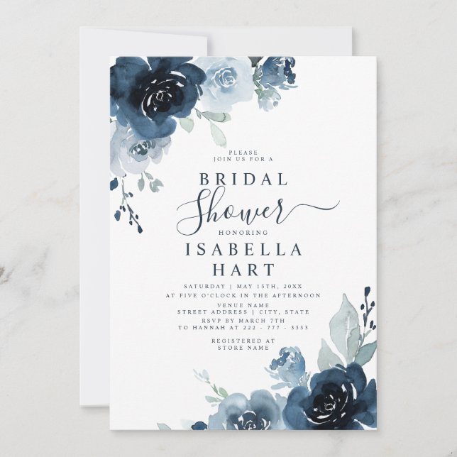 Invitación Dusty Blue Navy Pastel Slate Floral Bridal Shower (Anverso)