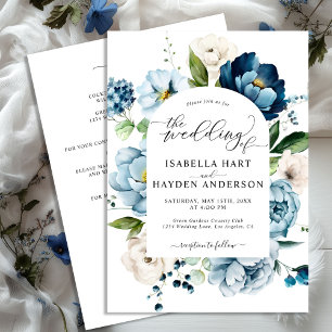 Invitación Dusty Blue Navy Peony Todo En Un Boda De Código QR
