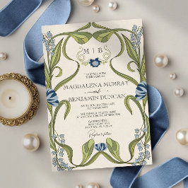 Invitación Dusty Blue Navy Vintage Art Nouveau Floral Wedding