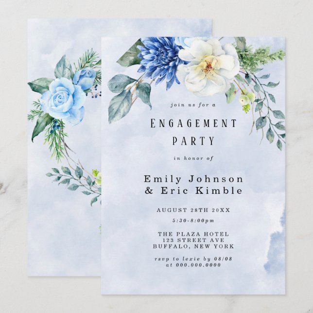 Invitación Dusty Blue Navy Watercolor Floral Engagement Party (Anverso / Reverso)