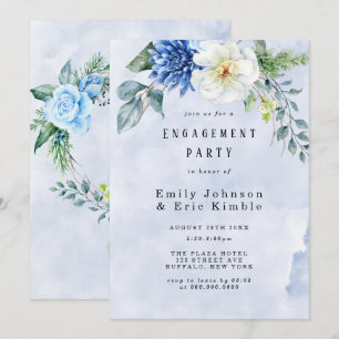 Invitación Dusty Blue Navy Watercolor Floral Engagement Party