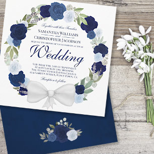 Invitación Dusty Blue & Navy Watercolor Floral Wreath Boda