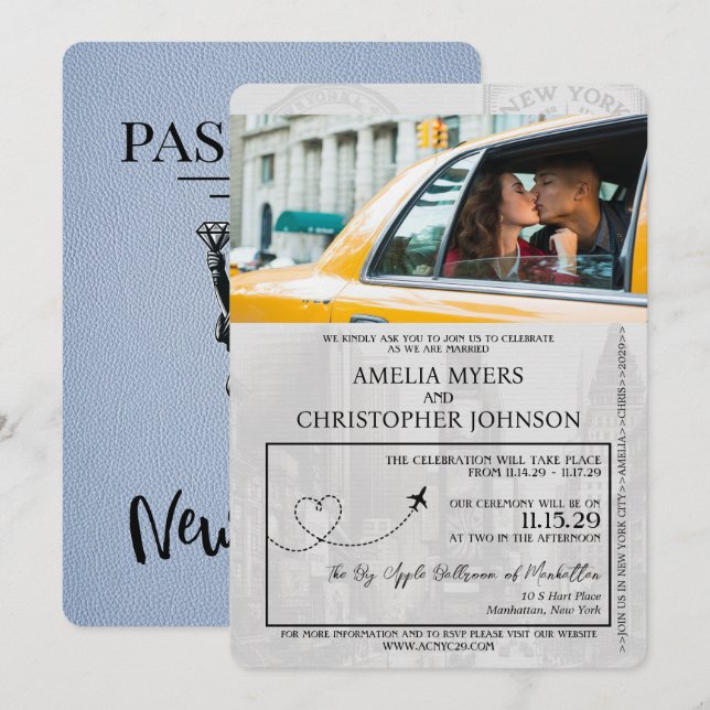 Invitación Dusty Blue New York City Passport Boda (Anverso / Reverso)