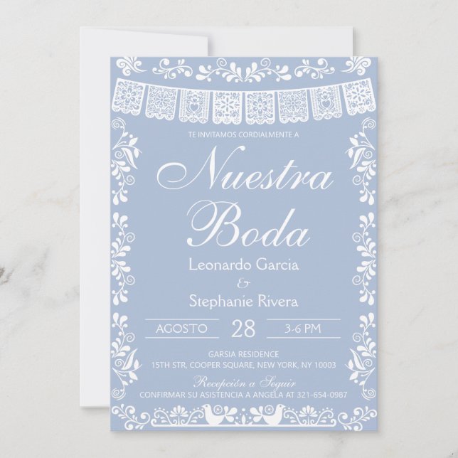 Invitación Dusty Blue Nuestra Boda Papel Picado Wedding (Anverso)