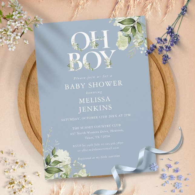 Invitación Dusty Blue Oh Boy Botanical Greenery Baby Shower (Subido por el creador)