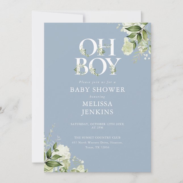 Invitación Dusty Blue Oh Boy Greenery Código QR Baby Shower (Anverso)